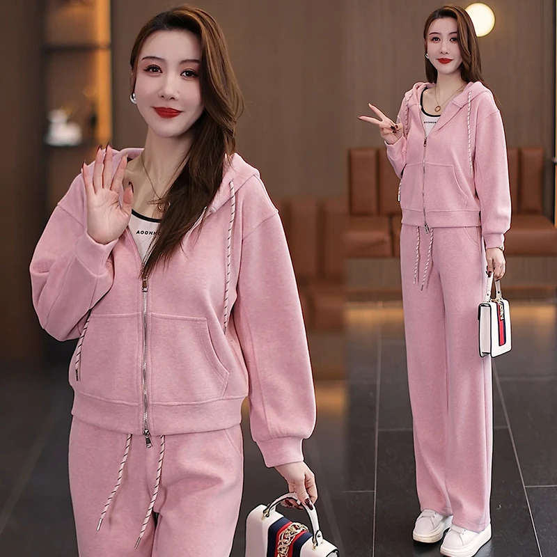 休闲运动服套装女2025年春季新款时尚洋气显瘦连帽卫衣开衫阔腿裤