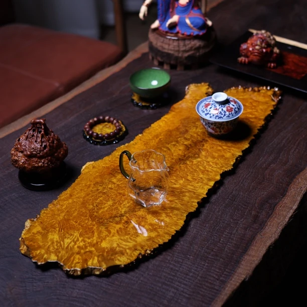 72-27-1.5 黄金樟茶盘家用干泡托盘缅甸花梨满榴花茶具整块金丝楠