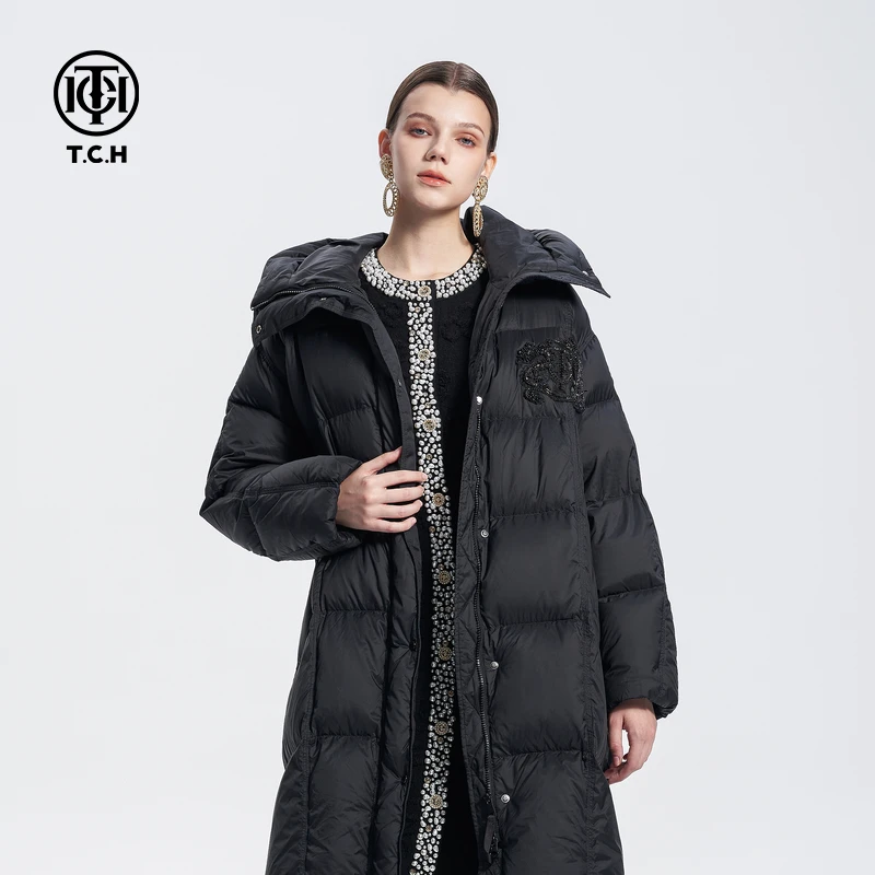 TCH服饰店播-潮牌烫钻翅膀时尚连帽长款羽绒服男女同款T72D198073