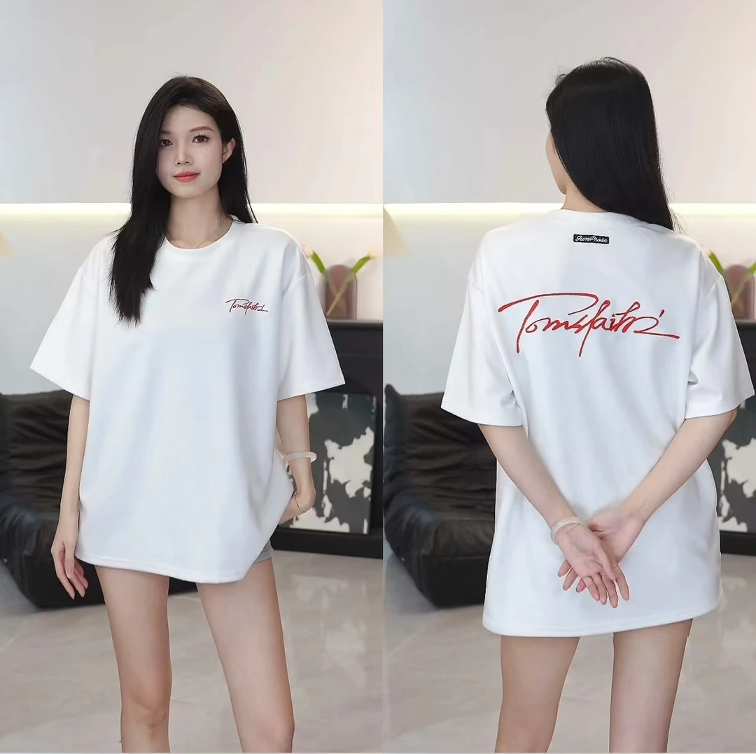 刺绣情侣短袖落肩袖青少年T恤休闲印花百搭圆领宽松运动1863#