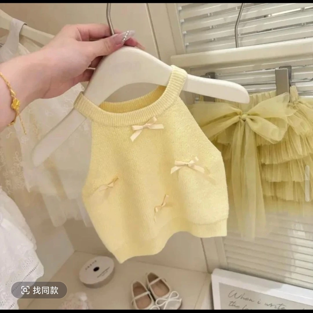 童装2025夏季新款女宝宝时髦两件套甜美蝴蝶结无袖背心洋气网纱裙