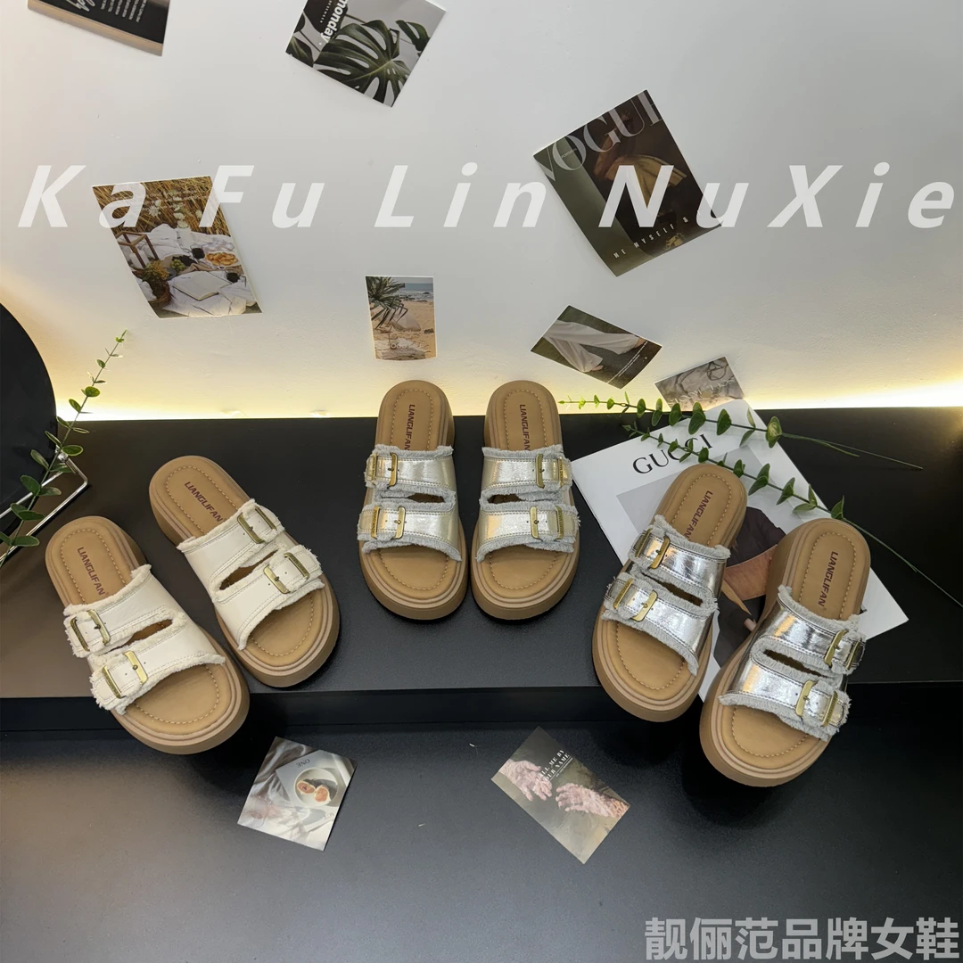 【卡芙琳shoes】厚底外穿夏季2025新款时尚百搭一字双排扣带凉拖鞋
