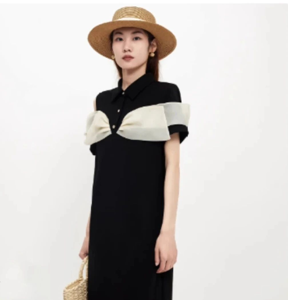 A1172法式优雅连衣裙显瘦黑色短袖黑白宽松气质设计师露肩夏季