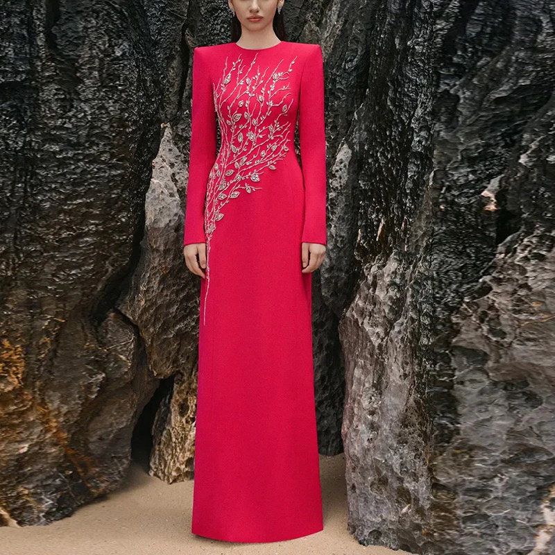 朵琳春晚主持人晚礼服女闪亮气质珊瑚红蓝色白色艺考声乐演出服