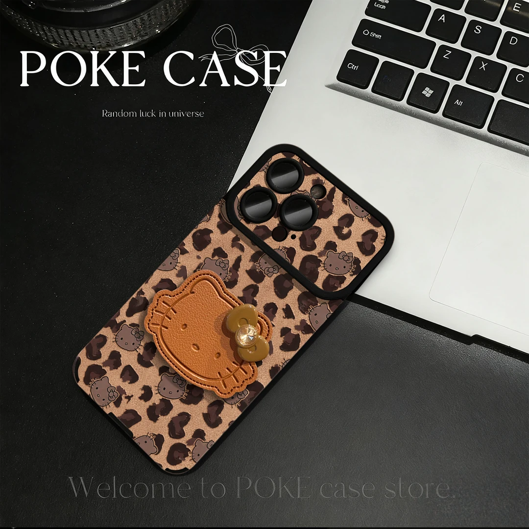 大视窗豹纹kt猫适用苹果16PROMAX皮革支架华为VIVO小米OPPO手机壳