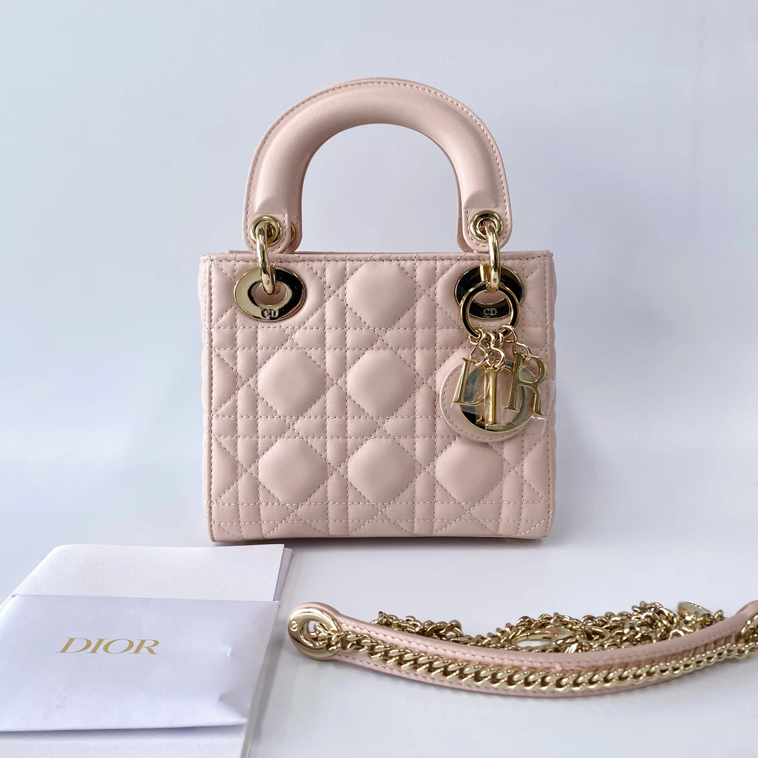 99新 DIOR/迪奥 99新 胭脂粉金扣三格戴妃手提斜挎包