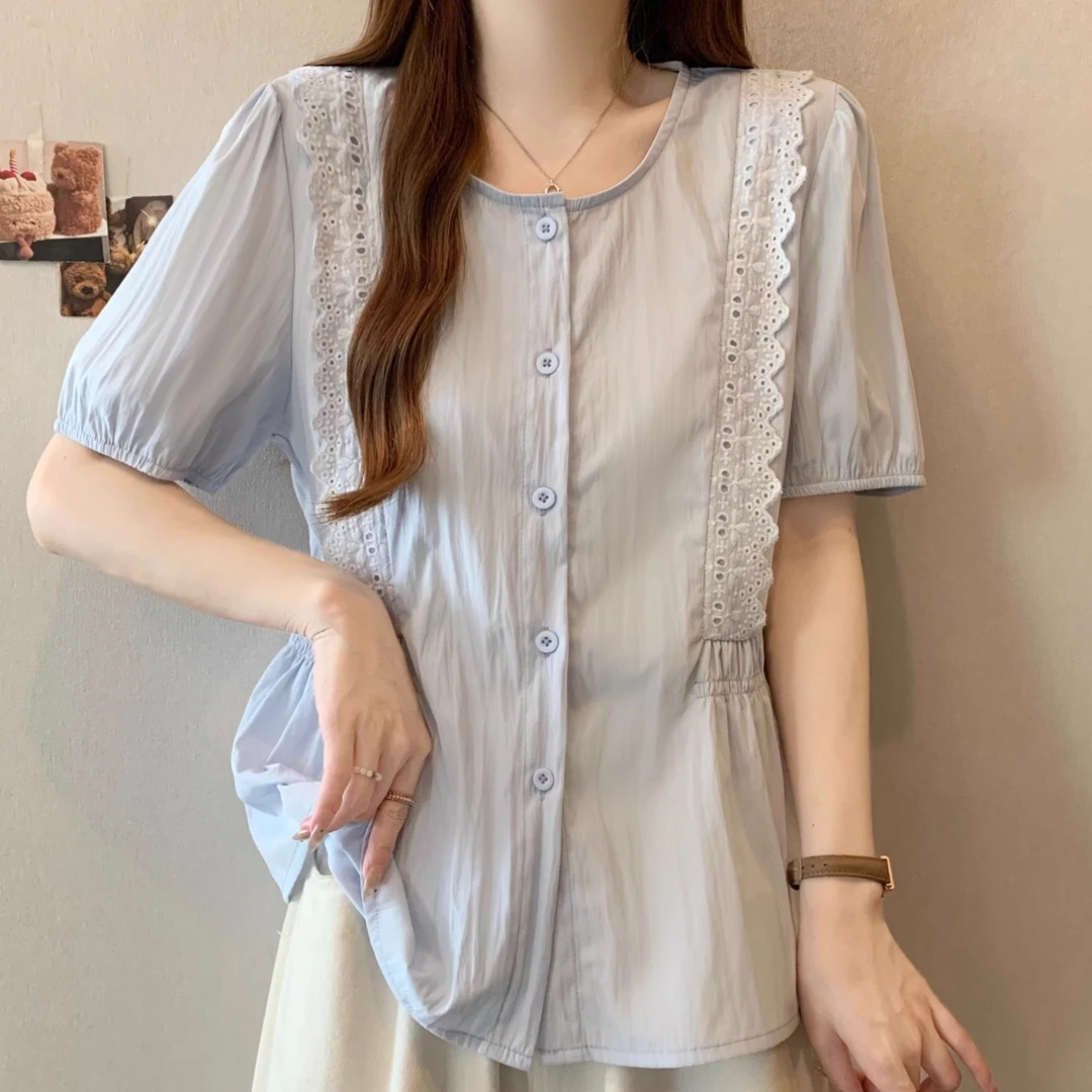 甜美微胖遮肚显瘦衬衫上衣女夏季新款洋气蕾丝花边短袖衬衣娃娃衫