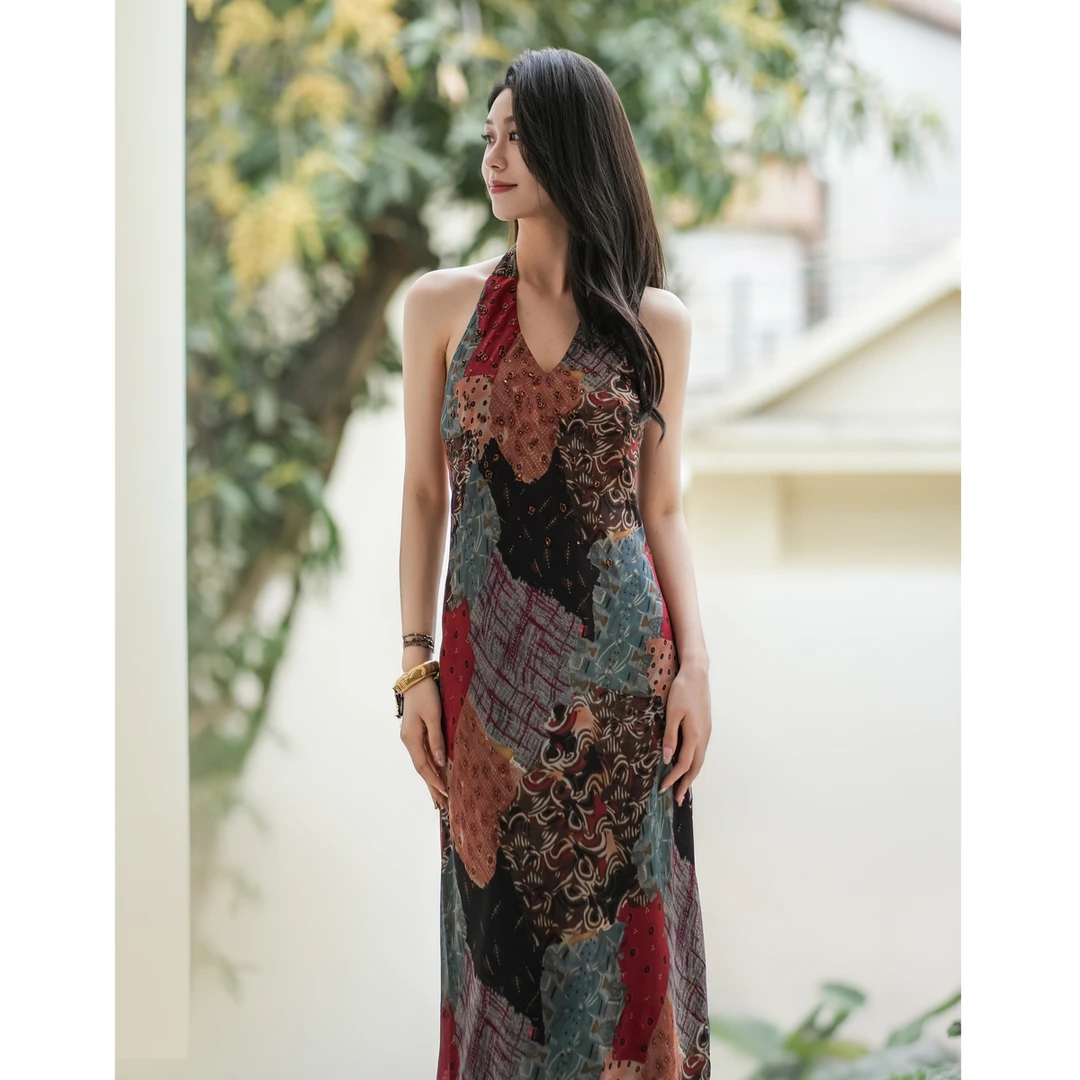 NIXNIA 钉珠挂脖优雅长款重工连衣裙女 NGD2FSW038