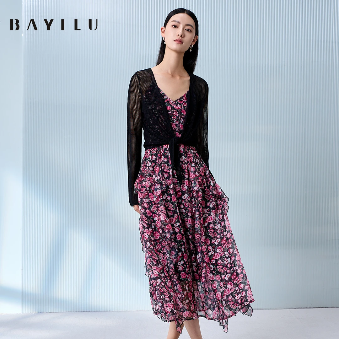 【瑶瑶】芭依璐夏季吊带连衣裙女印花v领度假风裙90L7517