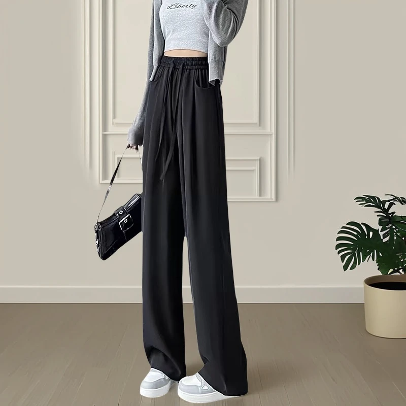 梦小美大码女夏季新品腰部抽绳纯色西装阔腿裤简约百搭女裤66248