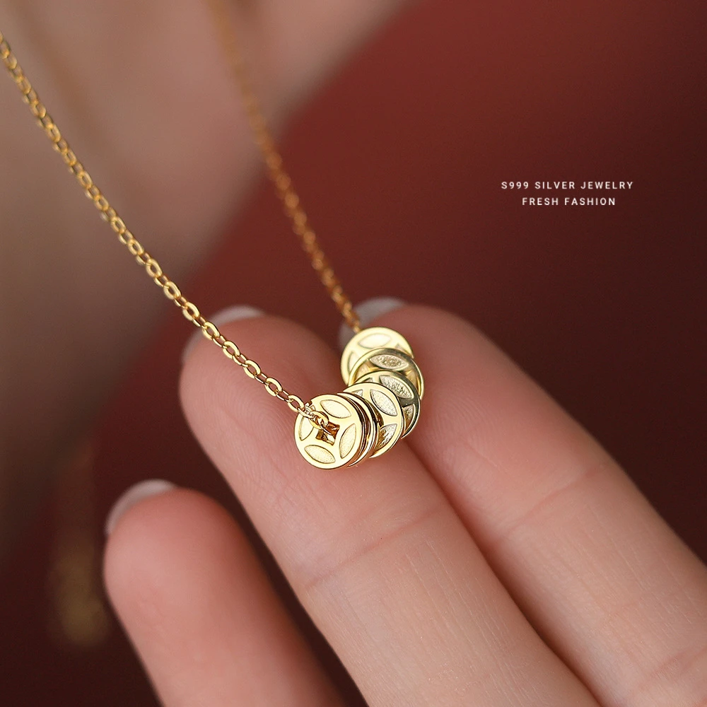 坠链均足银 新中式国潮钱多多金币项链女999纯银简约铜钱锁骨链