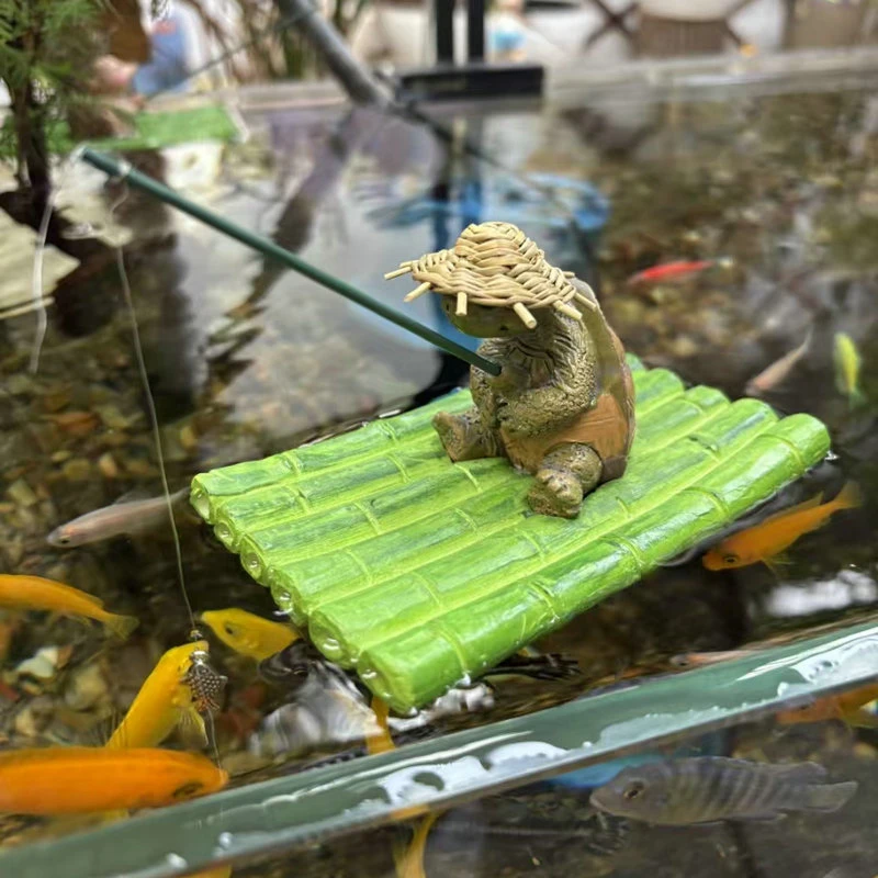竹筏乌龟钓鱼浮水树脂作水池摆件