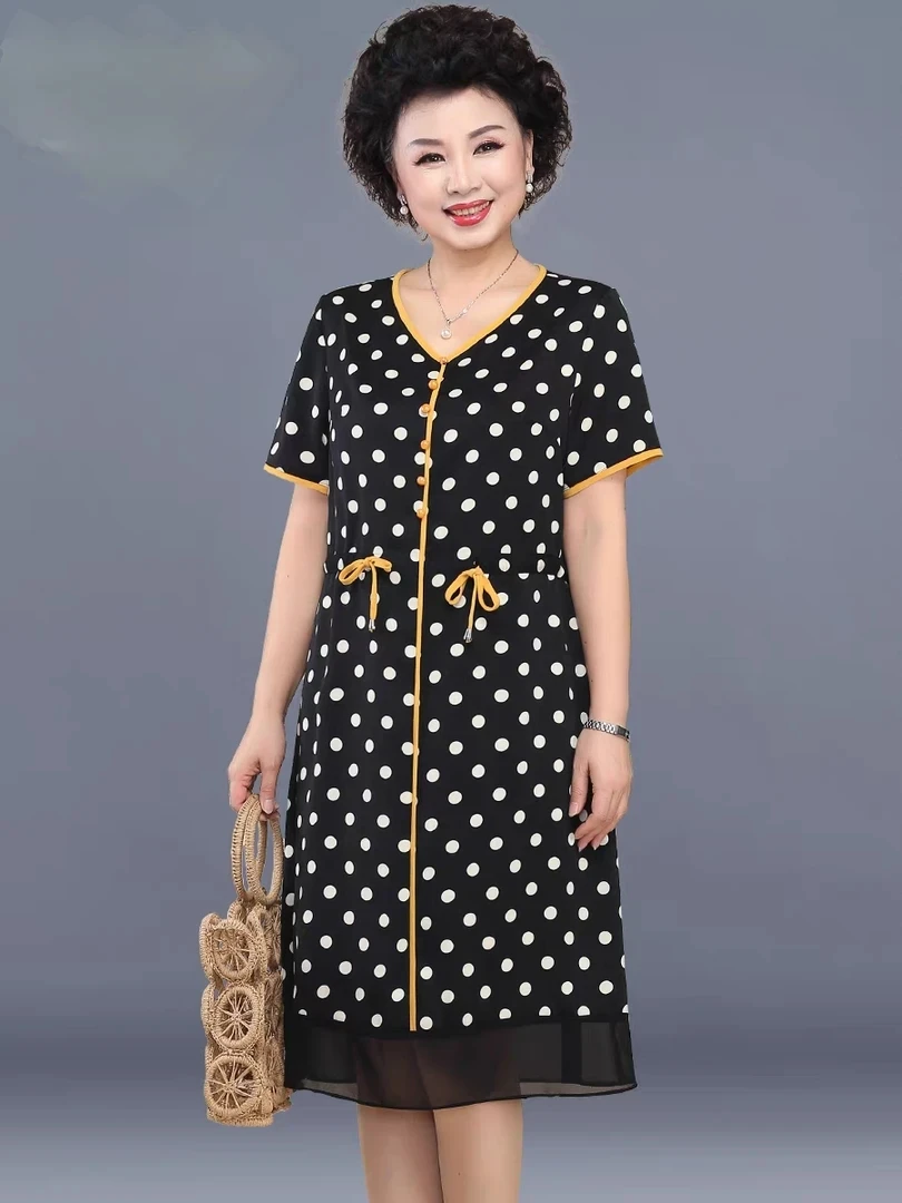 A041波点连衣裙时尚2025新款40岁50中老年女大码洋气裙子