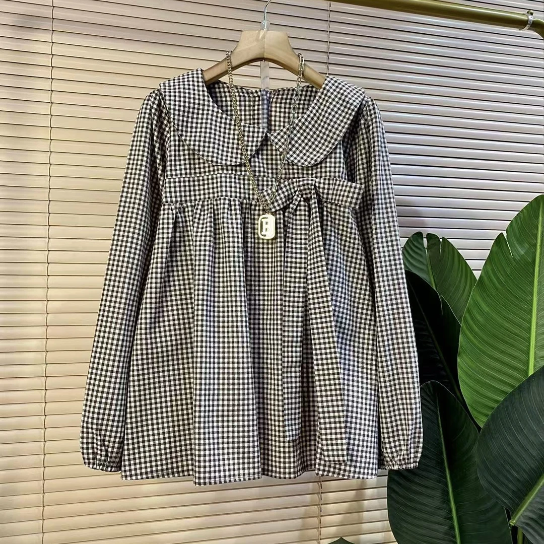 U胖mm欧货时尚新款早秋甜美娃娃领蝴蝶结减龄女人衫