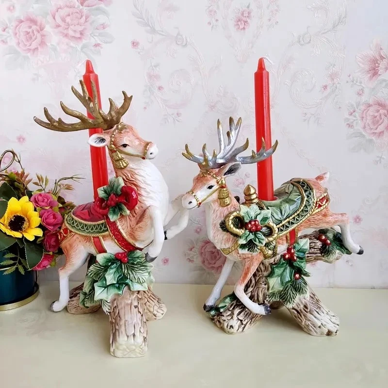 出口外单陶瓷圣诞麋鹿烛台摆件节日餐厅布置装饰礼品欧式祝福装饰