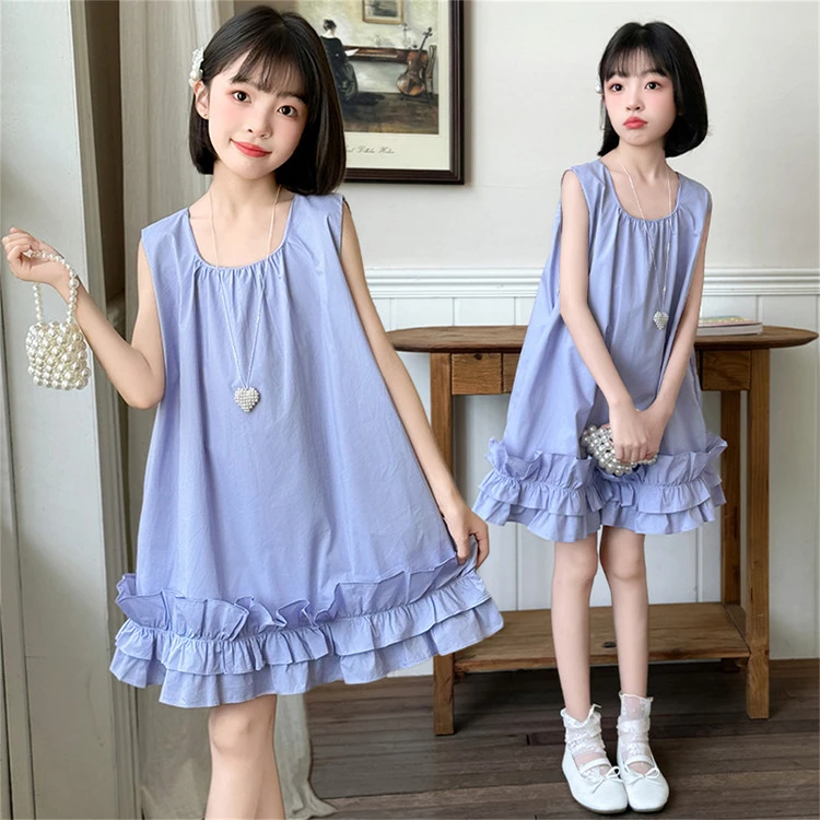 女童连衣裙夏季2025新款纯色无袖连衣裙6-12岁15韩版中大童甜美薄