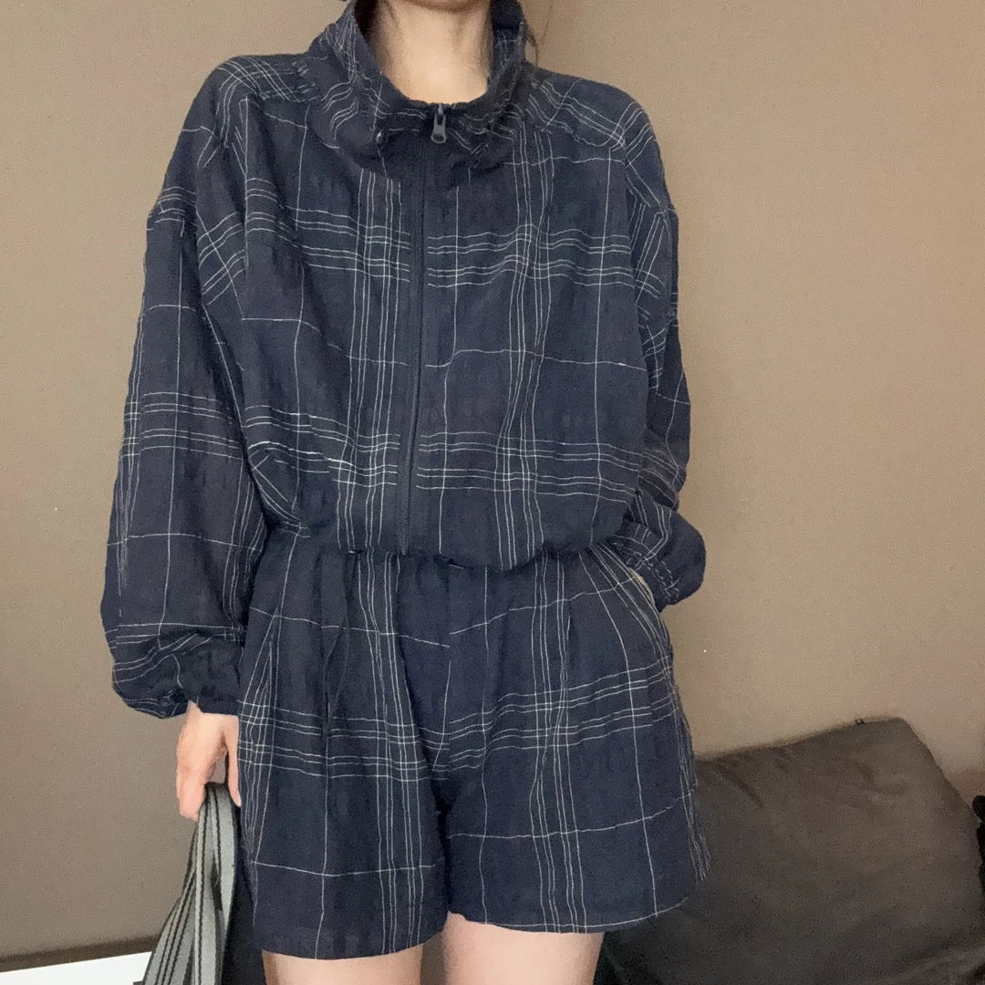 经典复古时尚学院风格纹通勤百搭夹克连帽外套+短裤两件套-2591