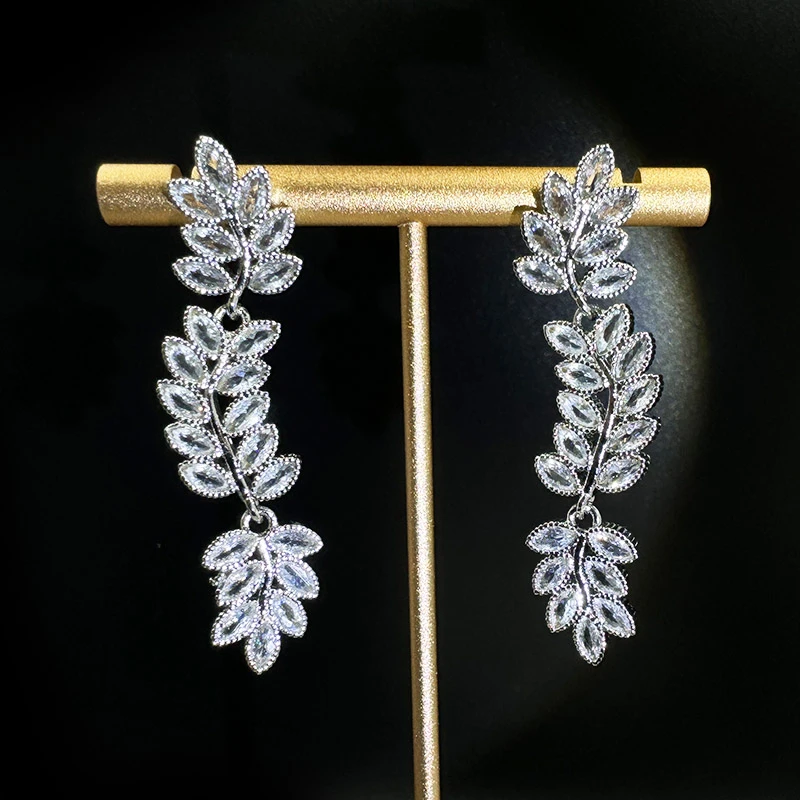 铜合金耳饰 微镶锆石长款流苏叶子耳环女高级感精致气质耳坠耳饰