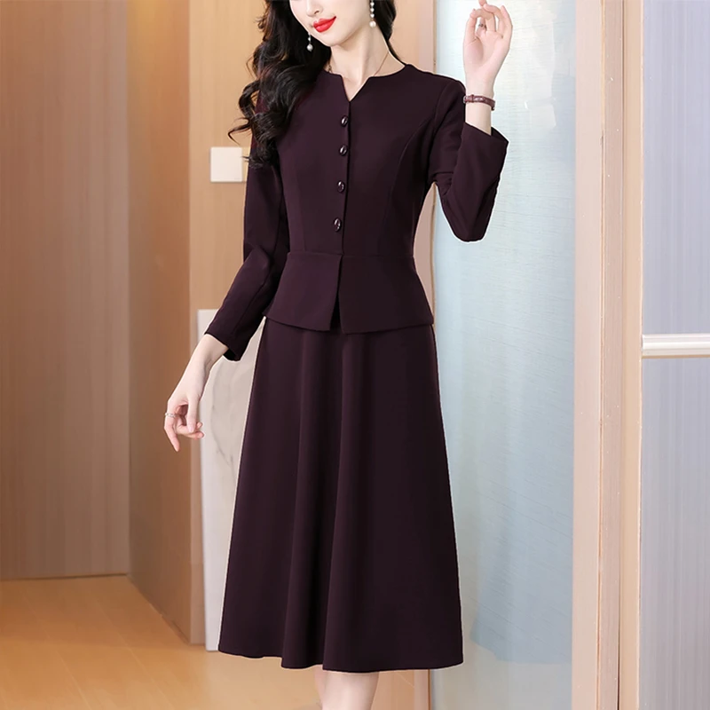 波尔多红大摆连衣裙2025秋季时尚修身收腰显瘦气质长裙