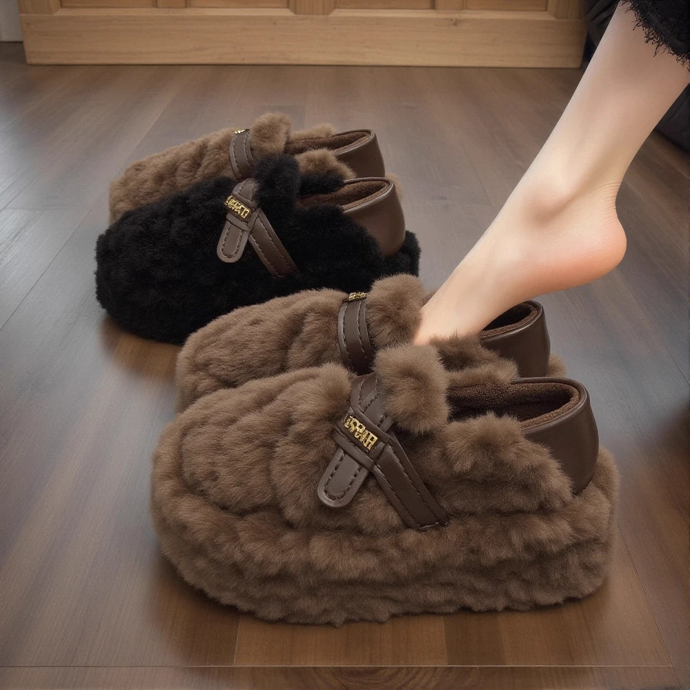 羊羔绒厚底毛毛鞋女2025新款冬季增高皮带扣棕色保暖软底防滑棉鞋