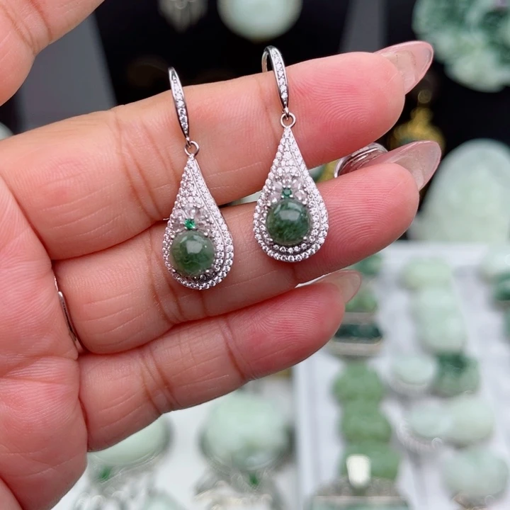 透闪石-蛇纹石玉银S925镶嵌耳坠