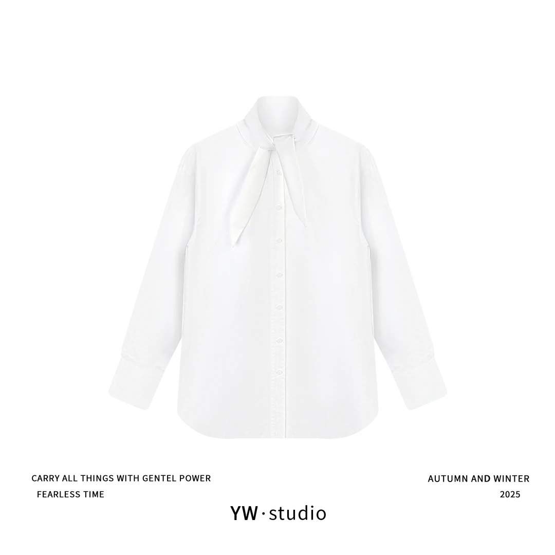 YUWEI/定制 高智感100%棉平纹剪刀领系带廓形衬衫 CYPZ251213