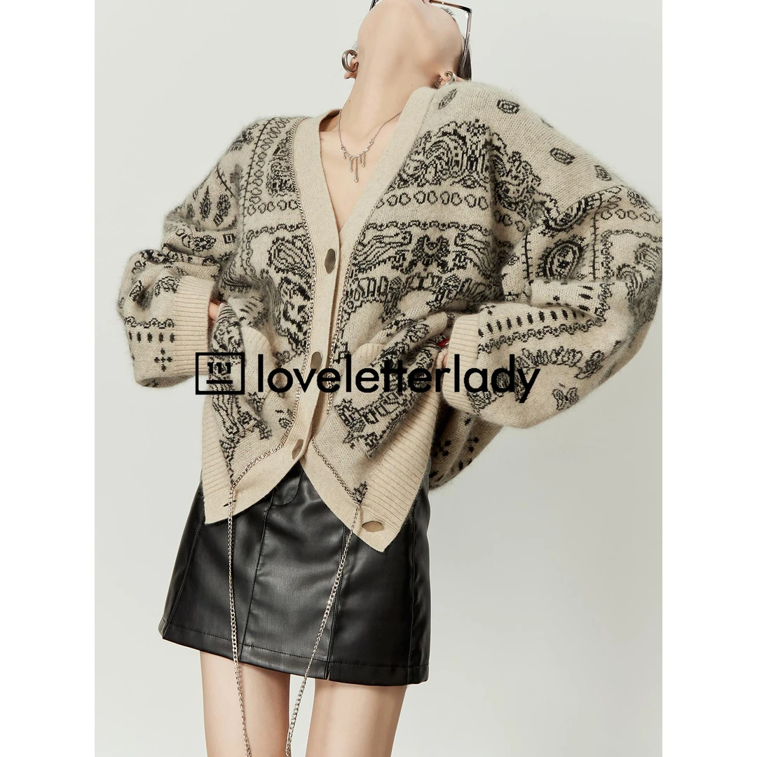 热巴同款复古非遗图腾撞色毛衫2025秋季新款v领针织开衫