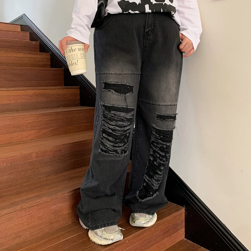 YUZI/鱼子美式直筒宽松复古牛仔裤水洗大码显瘦牛仔裤春秋牛仔裤