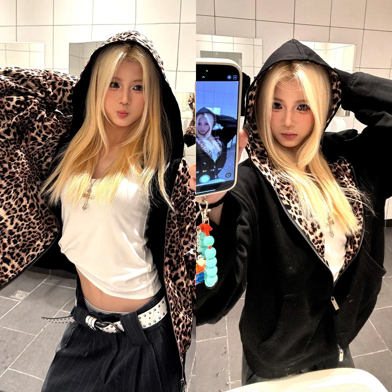 重磅美式双面穿豹纹连帽卫衣女装复古宽松百搭短款情侣开衫外套男