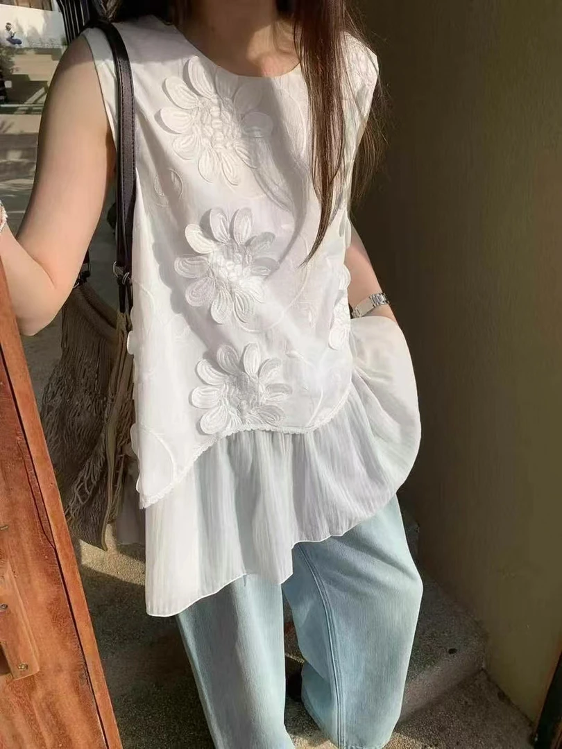 【婷姐家】5731欧货韩系立体太阳花圆领无袖拼接下摆网纱上衣