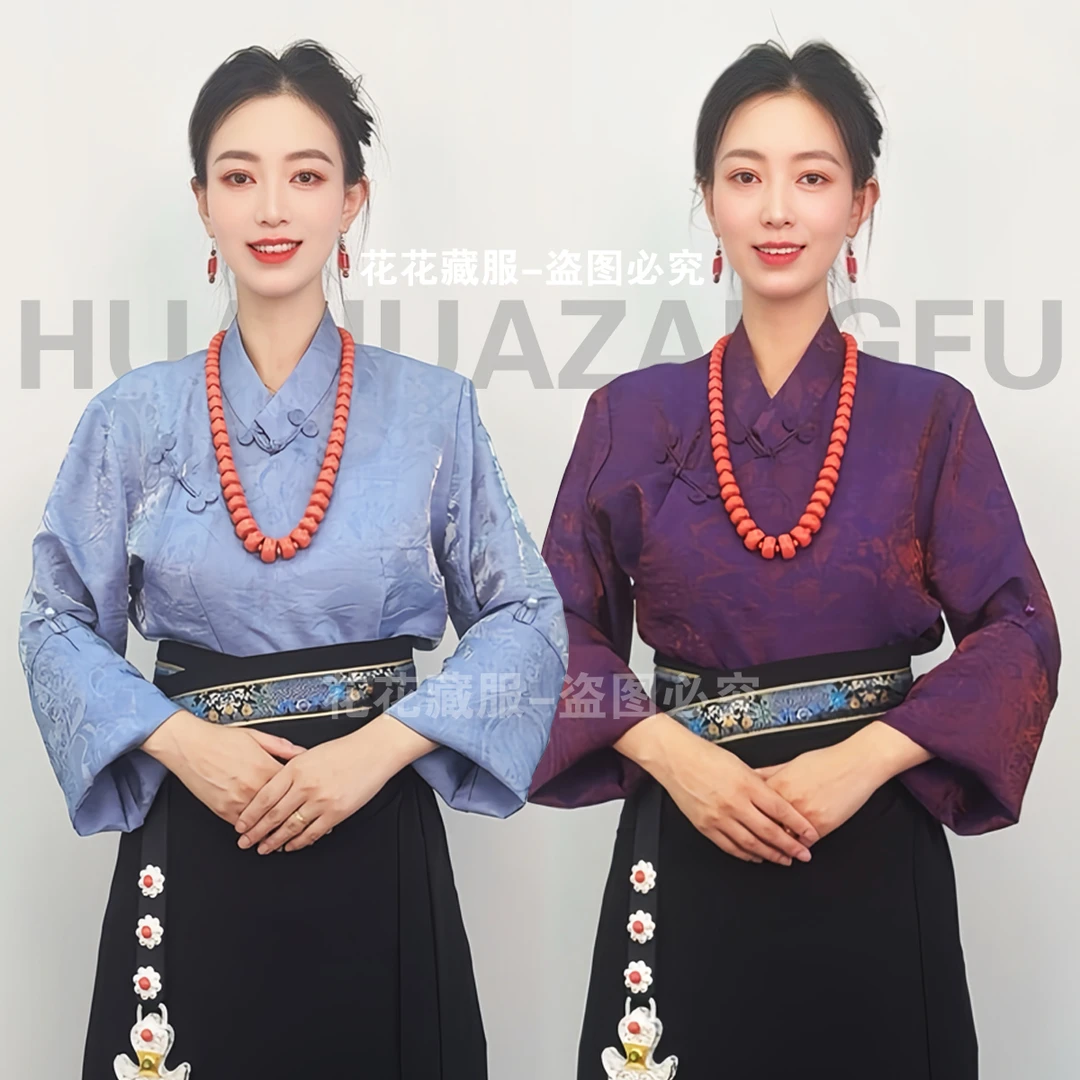 25夏季新款藏式浮光色云锦衬衣手工盘扣西藏服女士民族风锅庄舞服