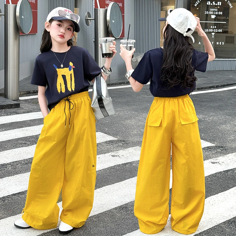 女童夏季工装裤套装卡通狗短袖街舞百搭上衣夏款T恤休闲运动裤子