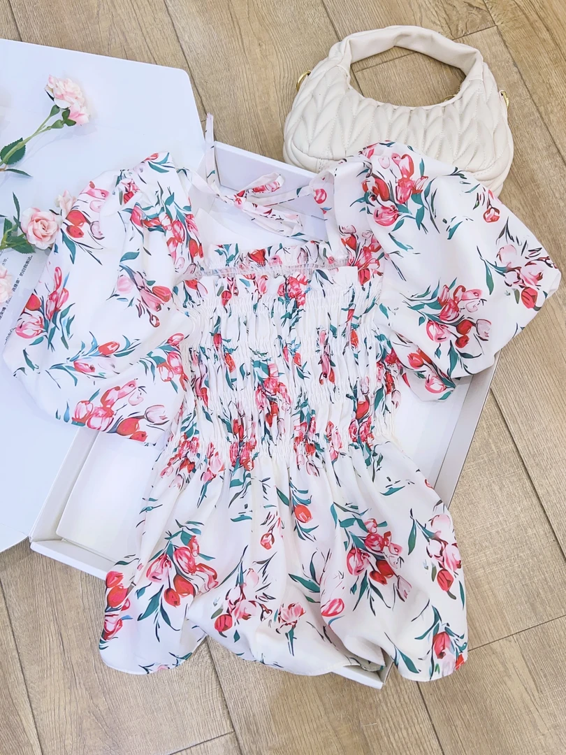 琳心丨早秋新款白色收腰短款泡泡袖花朵印花衬衫 AL0390
