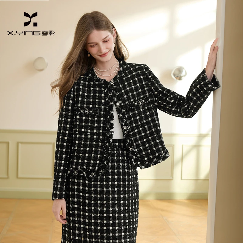 【丽公主专属】F95W002短外套 香影小香风黑白格子外套女冬季新款圆