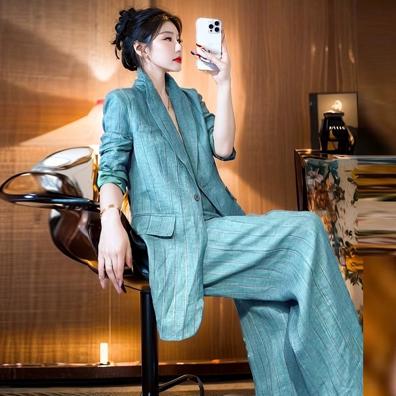 2025年春季森系高级感显白蓝色休闲条纹亚麻西装阔腿裤两件套装女