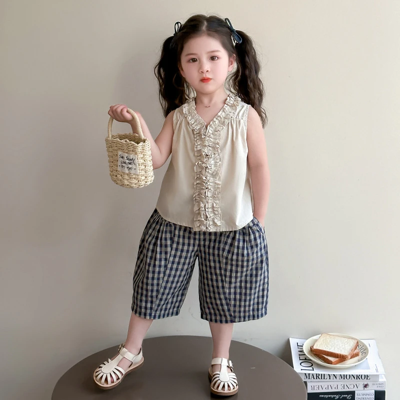 女童森系夏季套装2025新款女宝宝洋气木耳边衬衫韩系阔腿裤两件套