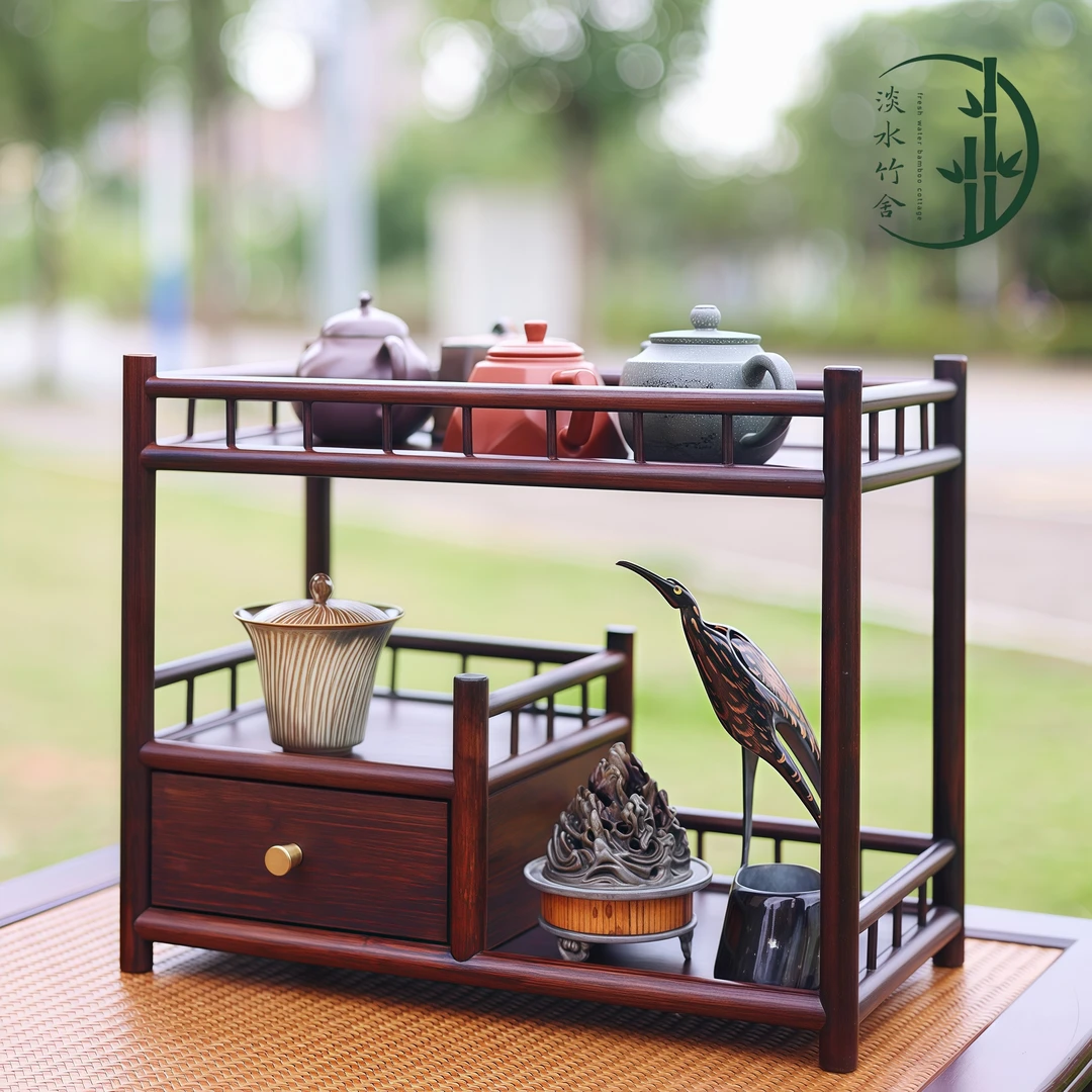 ［挽月］精品中式楠竹网红茶壶架杯架文玩紫砂壶带抽屉收纳架陶瓷