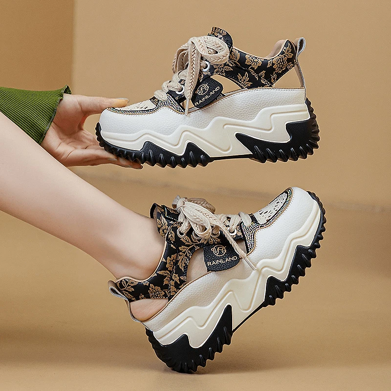 万达撤柜头层牛皮爆款镂空休闲运动鞋2025夏季新款厚底增高老爹鞋