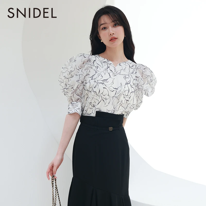 【粉丝专属】SNIDEL印花泡泡袖蝴蝶结系带雪纺衬衫SWFB234079
