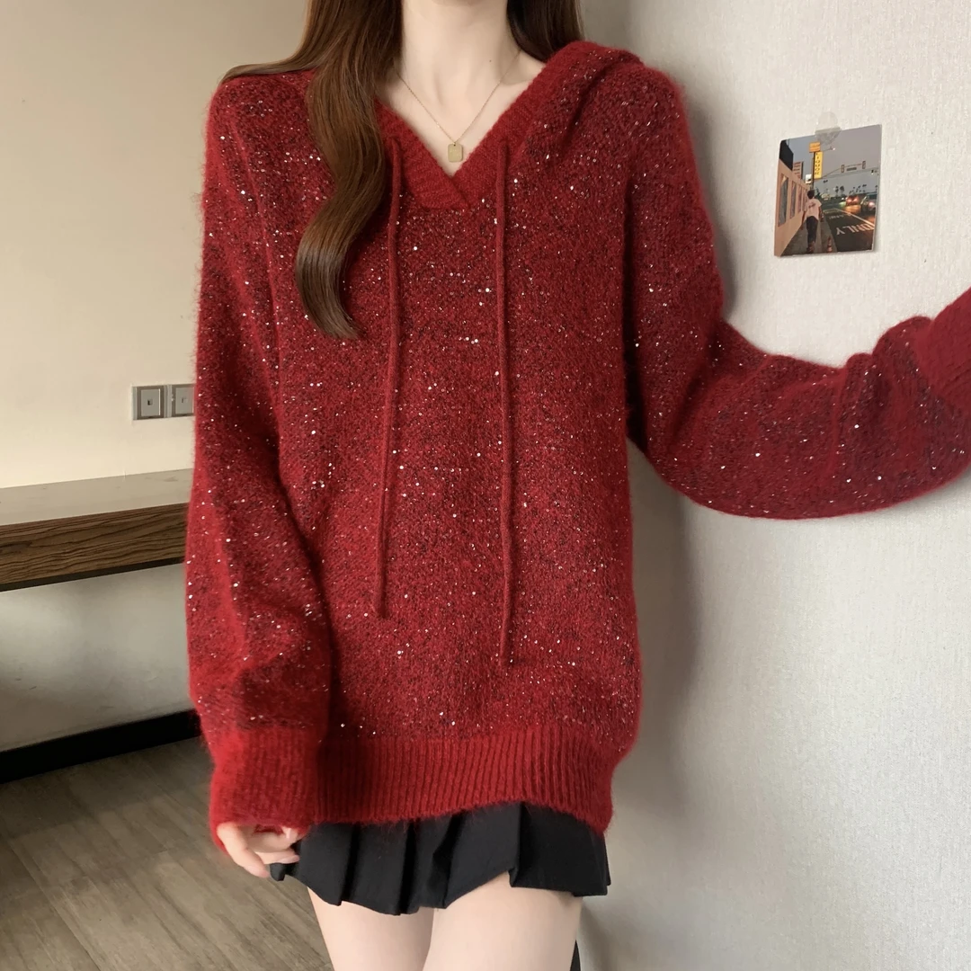 冬季连帽红色毛衣女2025新款爆款内搭可外穿针织打底衫秋冬慵懒风