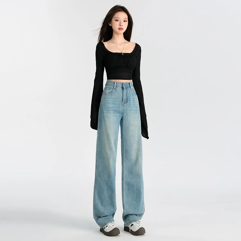 牛仔裤女款爆款2025新款高腰宽松梨形身材直筒显瘦拖地百搭裤子女
