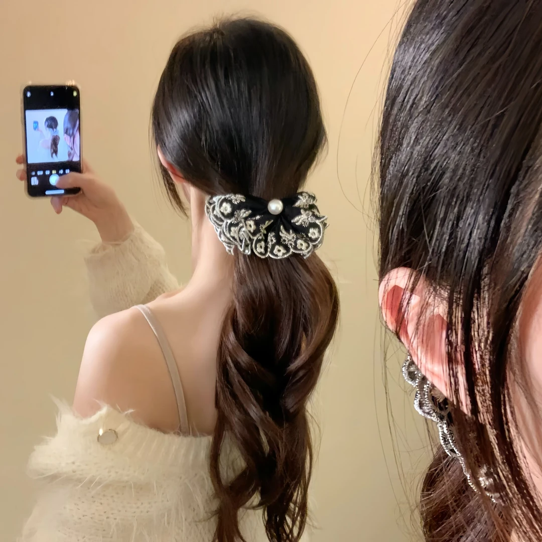 复古时髦精 珍珠蕾丝香蕉夹女高级感后脑勺马尾盘发鲨鱼抓夹发饰