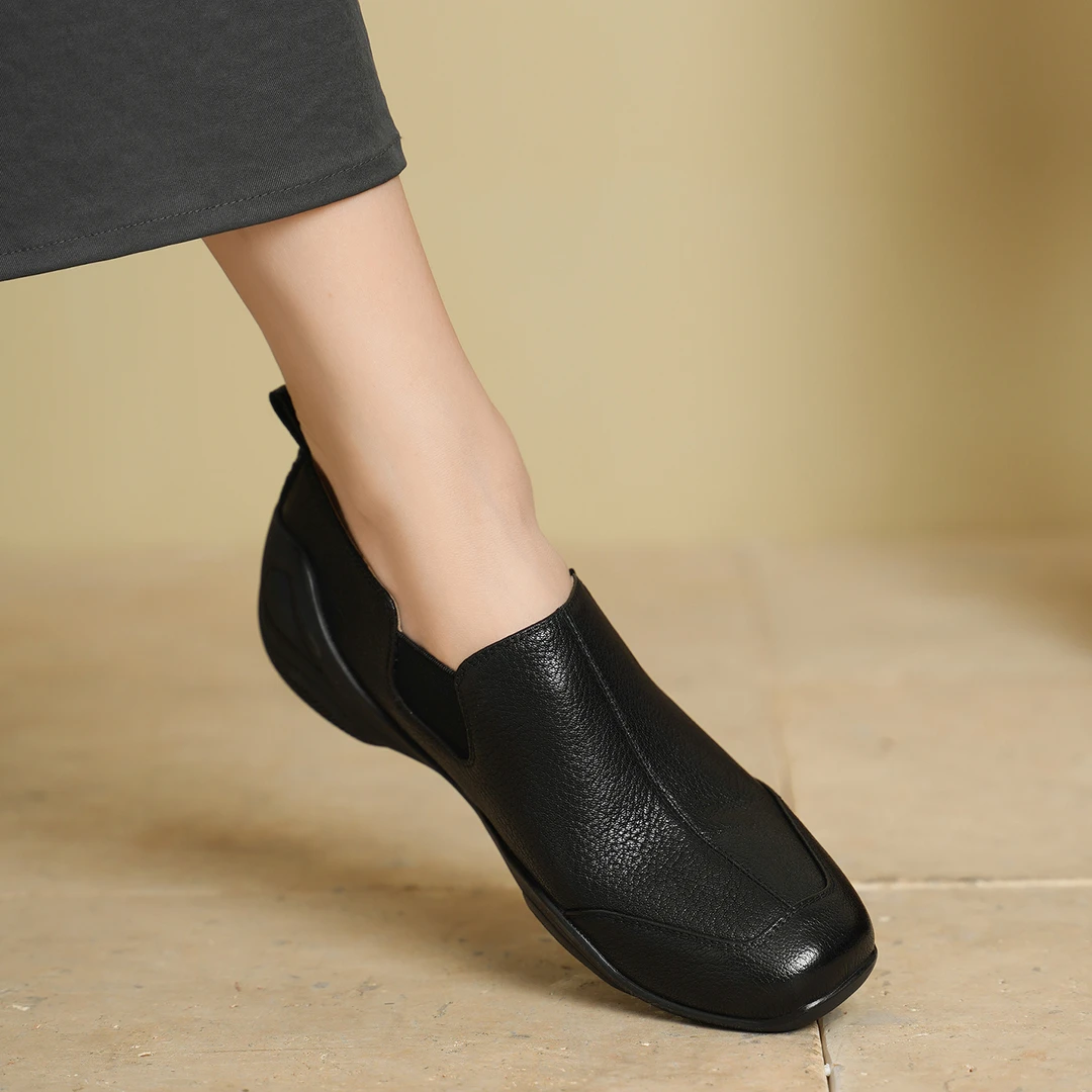 不累脚手工女鞋3cm~简约舒适运动底小皮鞋日常深口圆头通勤单鞋女