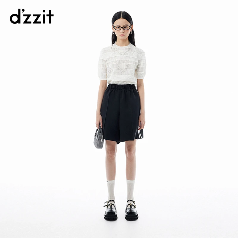 dzzit地素短袖针织衫少女风挑洞镂空设计肌理感白色上衣女3I3E310