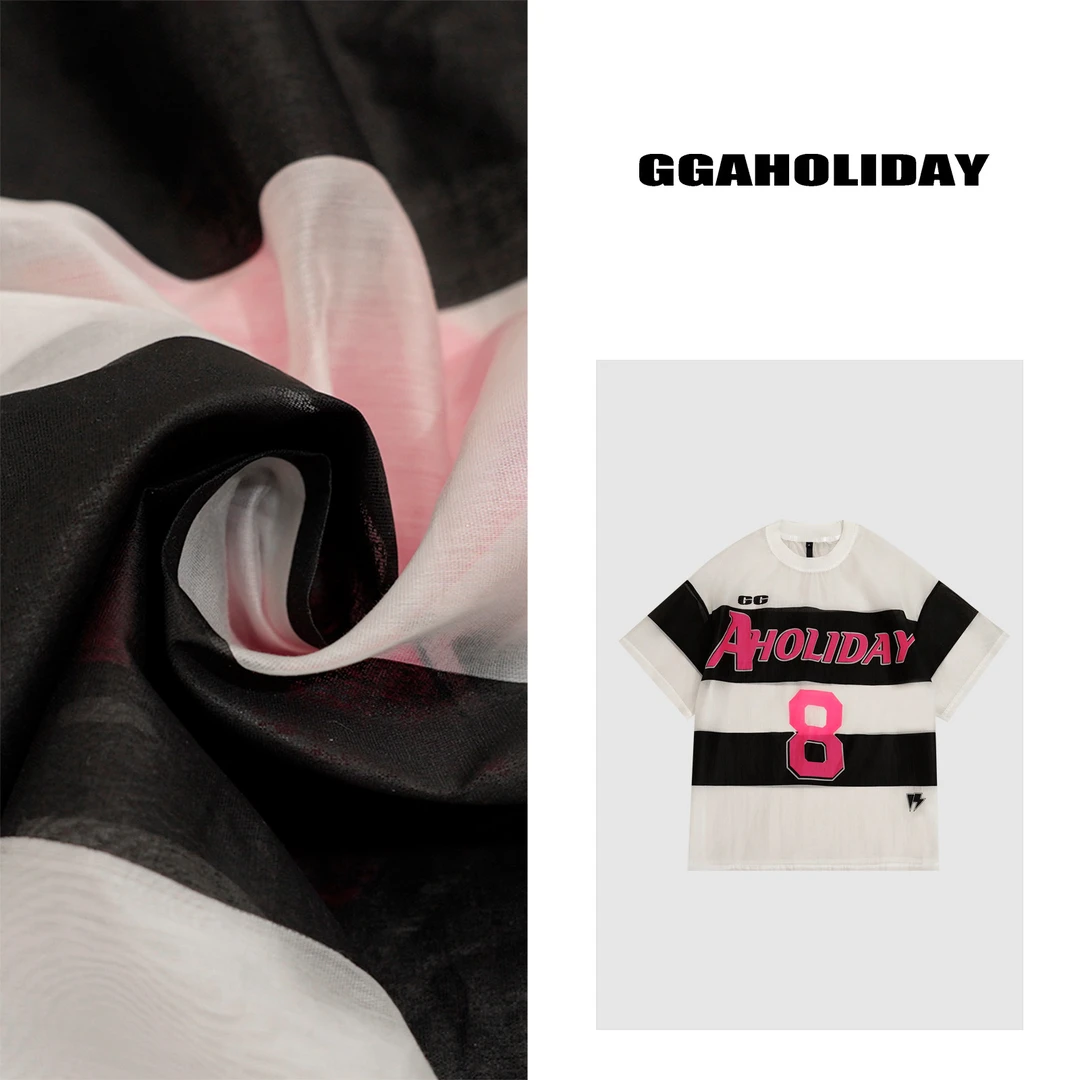 GGAHOLIDAY美式时尚休闲复古宽松夏季透气条纹撞色短袖T恤-152478