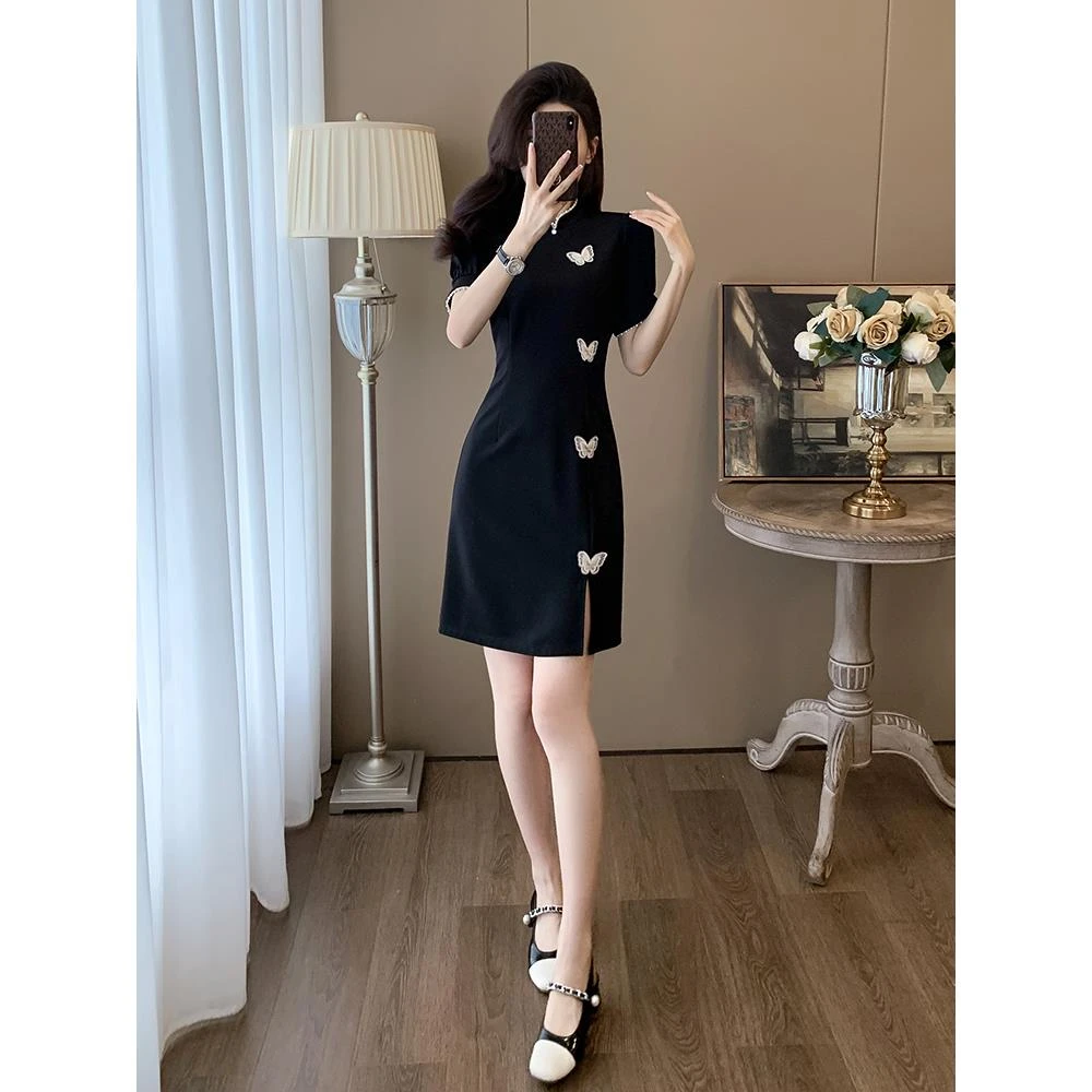 新中式国风黑色连衣裙女夏季旗袍改良年轻款少女气质高级感小黑裙