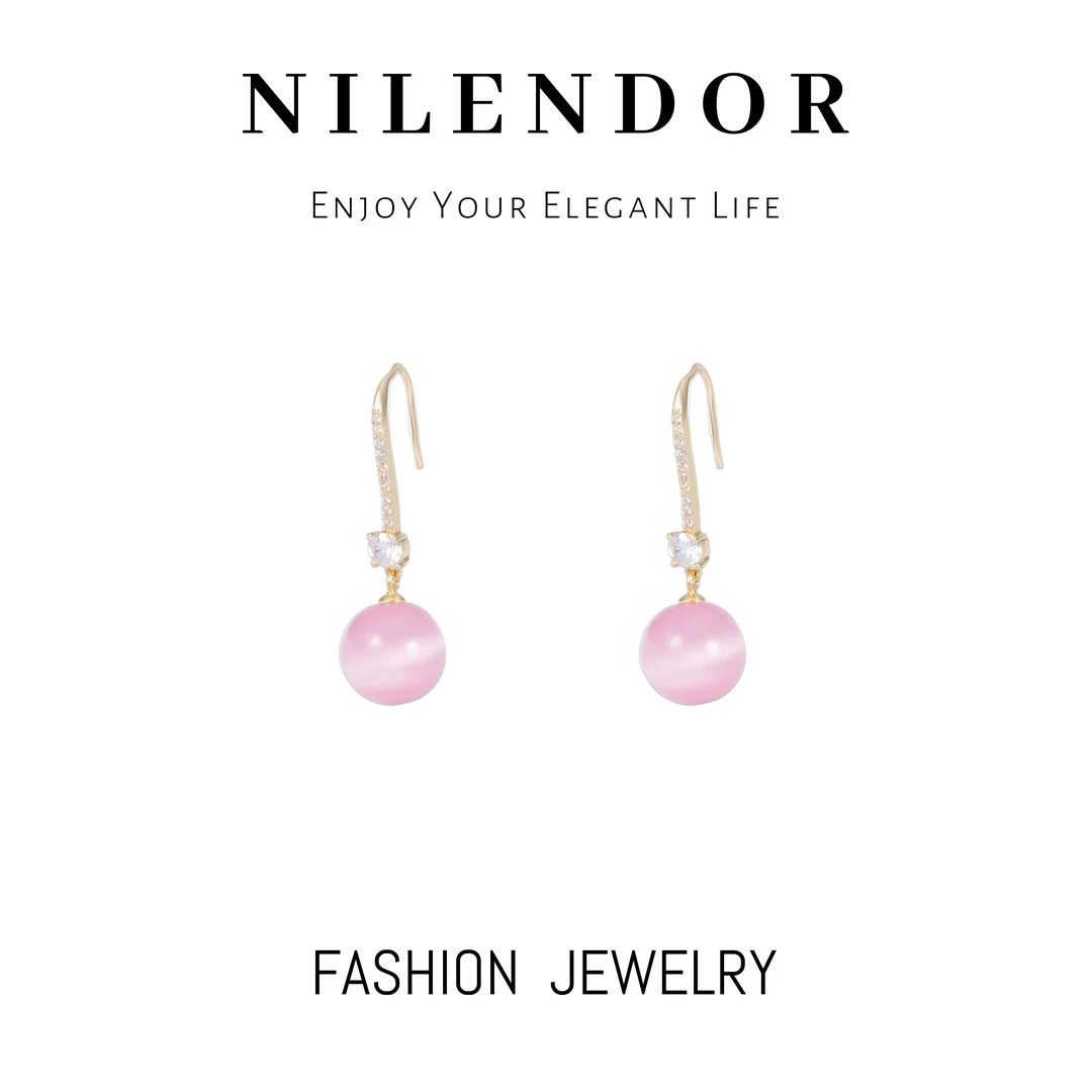 铜合金合成锆石耳饰 ES-398新款微镶锆石粉色珠珠挂钩式耳环