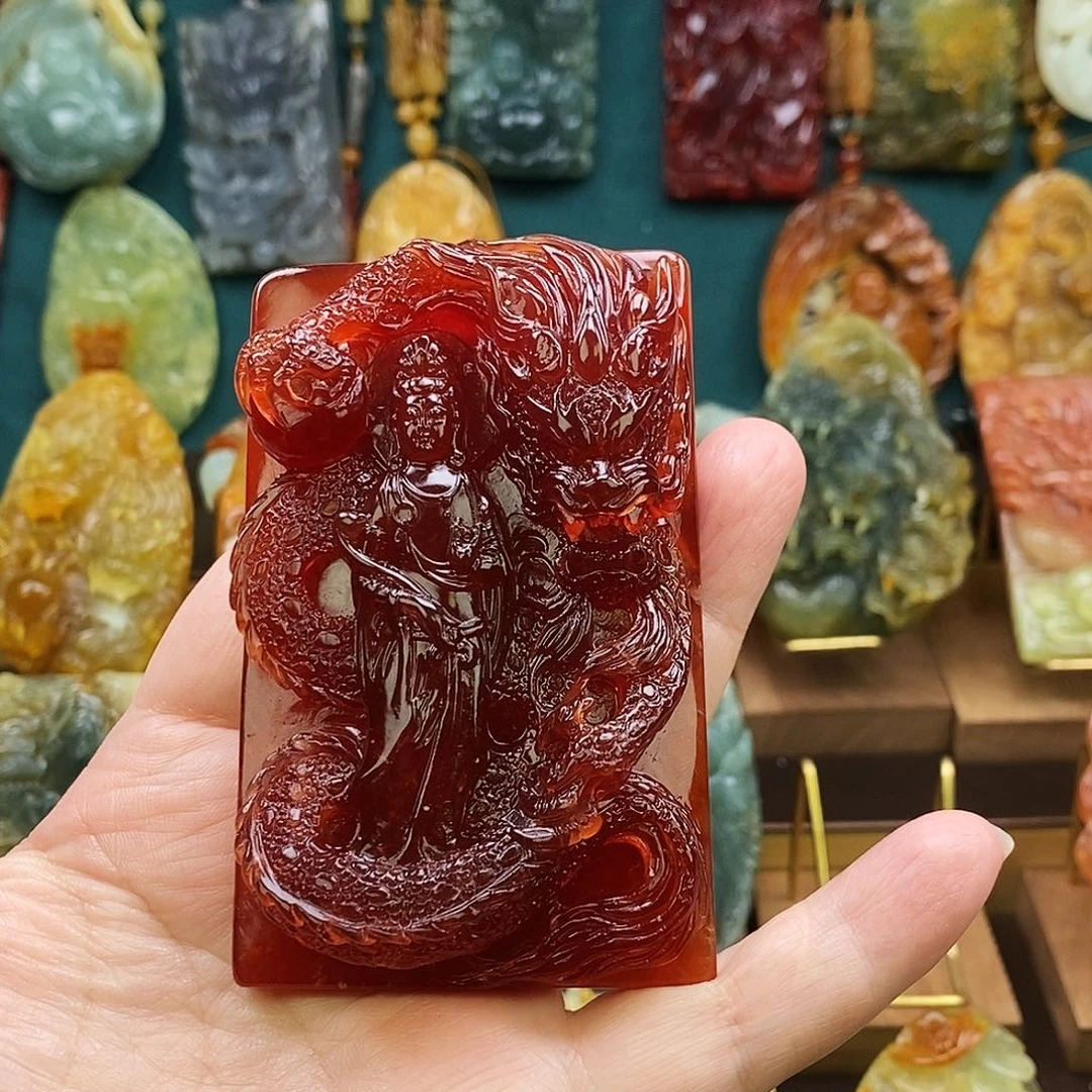 双***喜蛇纹石玉未镶嵌颈饰玉龙观音