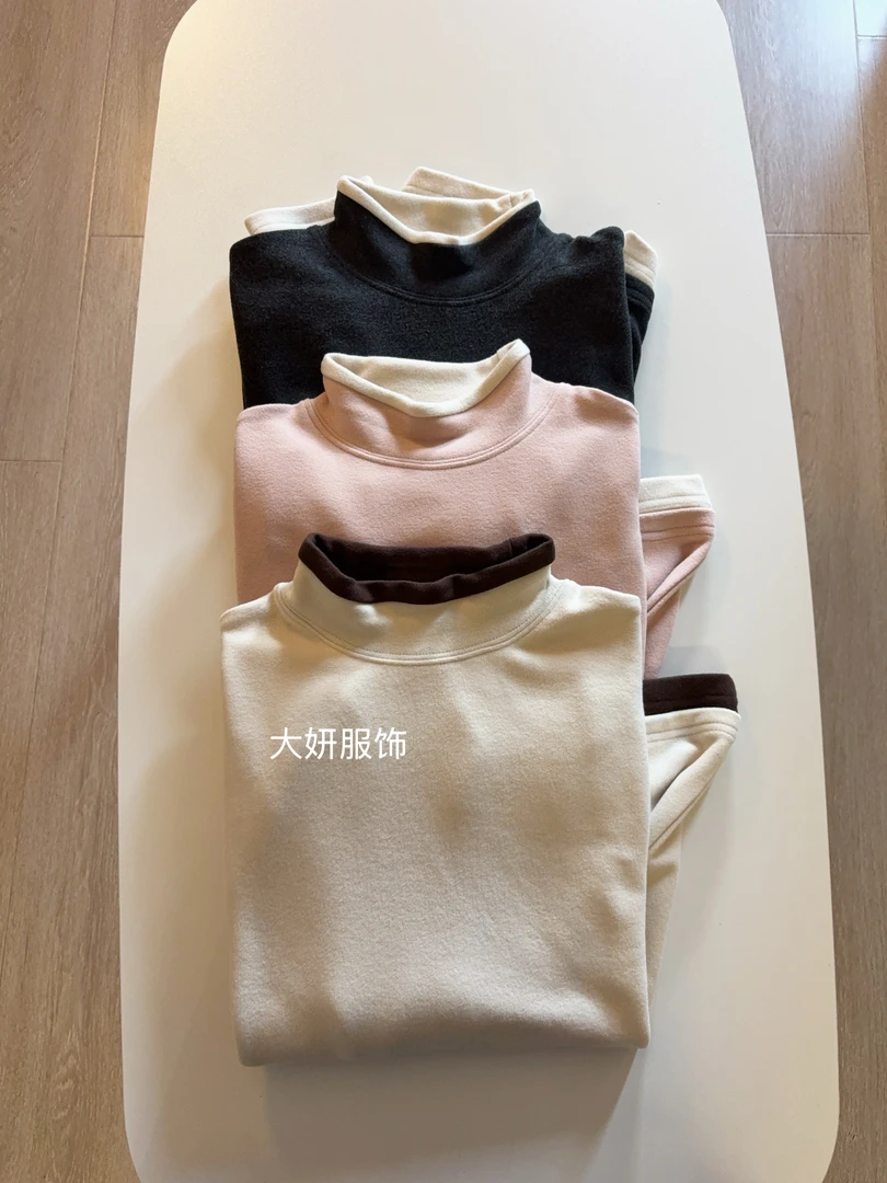 加厚热奶绒。巨保暖！长袖半高领秋冬撞色保暖打底衫