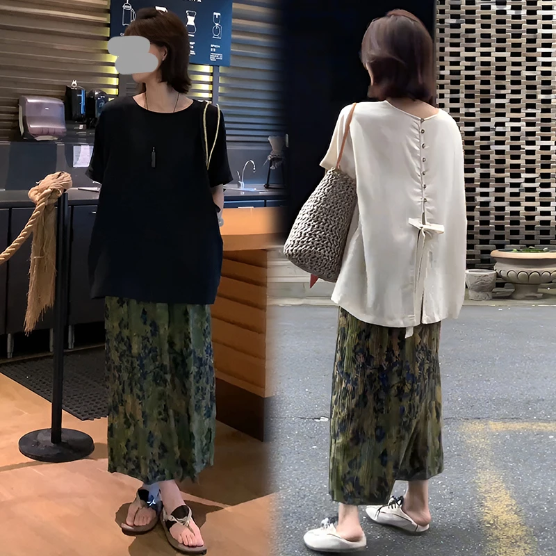 欧货时尚洋气套装2025新款夏季后背开叉T恤上衣印花半身裙两件套